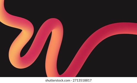 Trendy 3d abstract flow shape with orange neon gradient tube on dark background