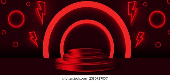 Trendy 3d advertising Pedestal with light arch, lightning and circles. Creative Design template of 3d Podium for Valentine's day Sale background. Vector illustration. Modern Design 14 february.