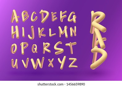 Trendy 3d alphabet set, bold modern golden shiny font with uppercase letters for titles, creative vector typography