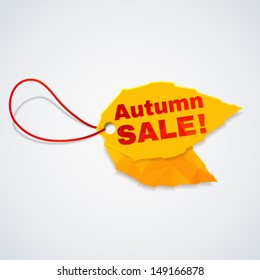 Trendy 3d autumn leaf  sale tag. Vector illustration.