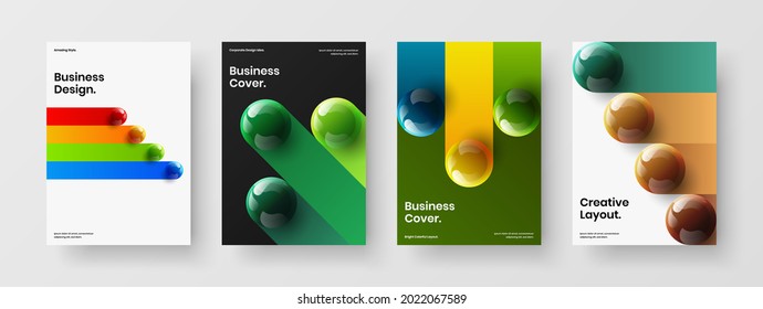 Trendy 3D balls brochure illustration set. Simple company cover A4 design vector concept collection.