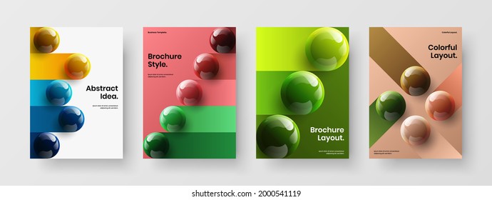 Trendy 3D balls company brochure concept set. Amazing book cover design vector illustration composition.