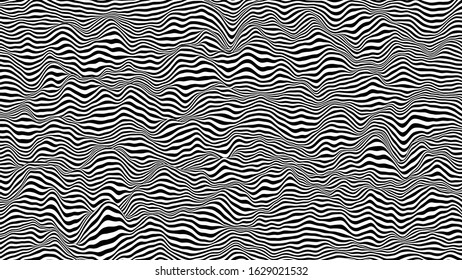 Trendy 3D black and white stripes distorted backdrop. Abstract noise landscape. Procedural ripple background with optical illusion effect.