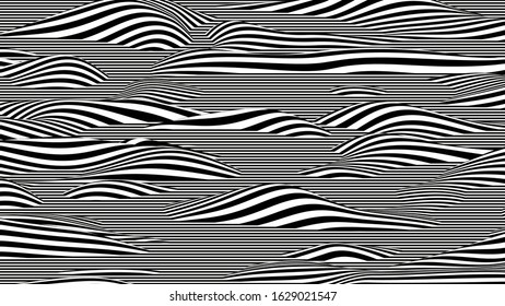 Trendy 3D black and white stripes distorted backdrop. Abstract noise landscape. Procedural ripple background with optical illusion effect.