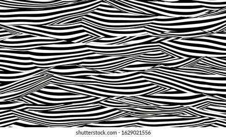 Trendy 3D black and white stripes distorted backdrop. Abstract noise landscape. Procedural ripple background with optical illusion effect.