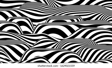 Trendy 3D black and white stripes distorted backdrop. Abstract noise landscape. Procedural ripple background with optical illusion effect.