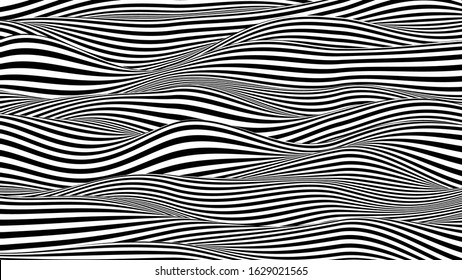 Trendy 3D black and white stripes distorted backdrop. Abstract noise landscape. Procedural ripple background with optical illusion effect.