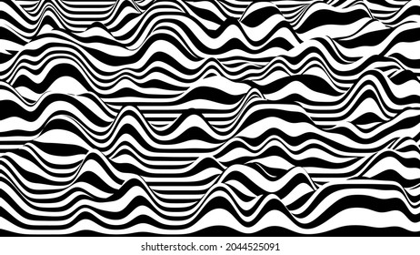 Trendy 3D black and white stripes distorted backdrop. Procedural ripple background with optical illusion effect