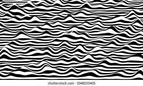 Trendy 3D black and white stripes distorted backdrop. Procedural ripple background with optical illusion effect