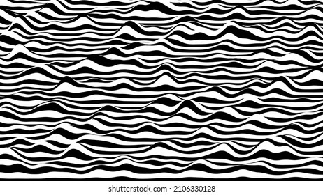 Trendy 3D black and white stripes distorted backdrop. Procedural ripple background with optical illusion effect