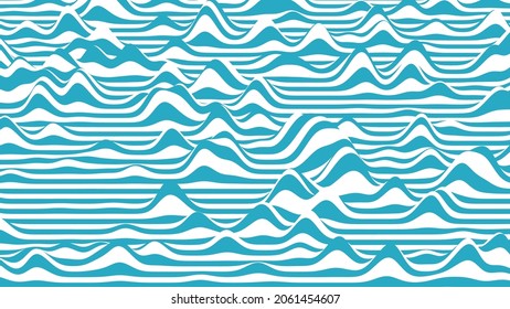 Trendy 3D blue and white stripes distorted backdrop. Procedural ripple background with optical illusion effect