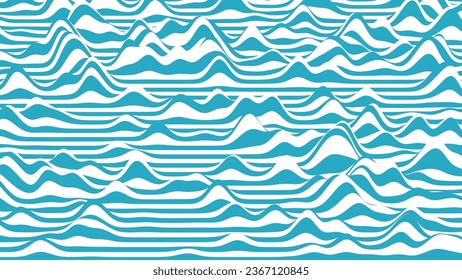 Las rayas azules y blancas en 3D de moda distorsionan el fondo. Fondo de rizo procesal con efecto de ilusión óptica