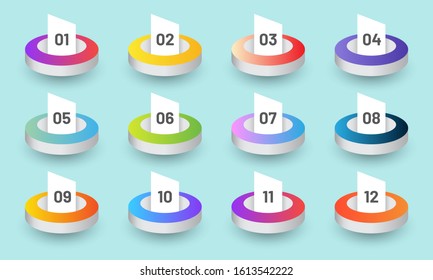 Trendy 3d circle bullet points from 1 to 12. Modern vector illustration.