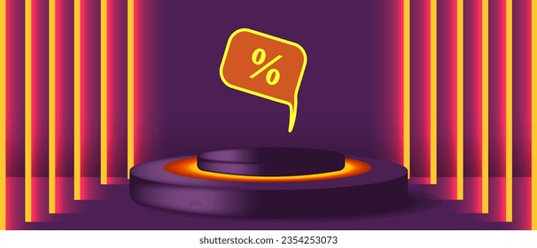 Trendy 3d clean advertising Pedestal with light column and percent symbol. Design template of 3d Podium for Sale background. Vector illustration for Halloween.