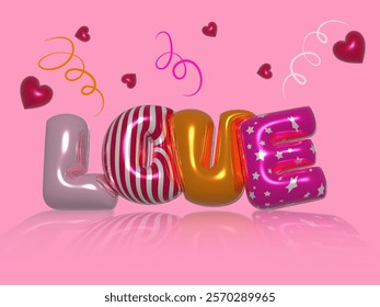 Trendy 3D collage. LOVE inscription with 3d blown text effect. Bright Happy Valentine. Trendy collage. 