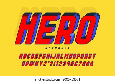 Trendy 3d Comic Design, buntes Alphabet, Schrift. Kontrolle der Farbtöne. 15 Grad.