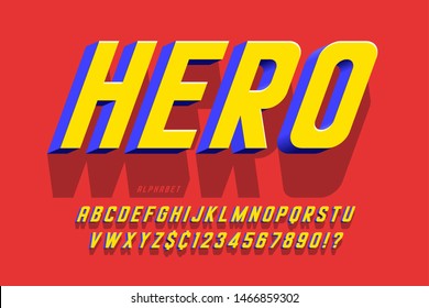 Trendy 3d comical font design, colorful alphabet, typeface. Color swatches control
