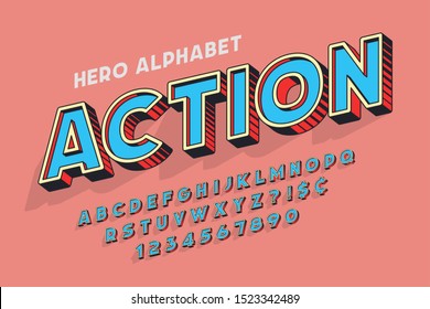 Trendy 3d comical font design, colorful alphabet, typeface. Color swatches control. 13 degree skew.