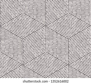 Trendy 3d cube with textured lines seamless repeat vector pattern