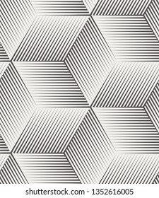 Trendy 3d cube with variable weight lines seamless repeat vector pattern