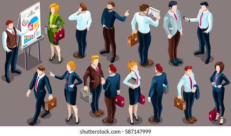 Trendy 3D isometric group of isolated bank business people. Employee desk staff character icon set. Interview and Analysis of sales deal agreement and partnership. Teamwork career vector illustration