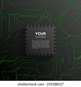 Trendy 3D microchip design with transparent shadow and detailed printed circuit board background. vector stock eps 10 illustration