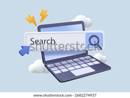 Trendy 3D render Laptop with Search bar. Online search job. Seo marketing concept. Finding opportunities. Modern 3d UI UX banner for website, business, HR or some other search. Contemporary 3D render