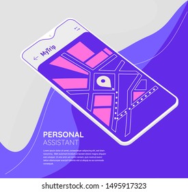 Trendy 3d responsive mobile UI templates for travelling navigation and outdoor activity, mobile geolocation