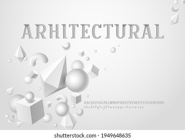 Fuente moderna 3d serif, alfabeto moderno con sombra, letras mayúsculas y minúsculas y números en el estilo de gráficos hechos a mano, ilustración vectorial 10EPS