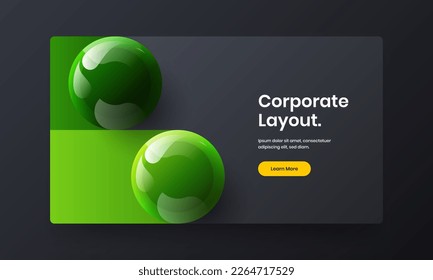 Trendy 3D spheres site screen layout. Vivid magazine cover vector design template.