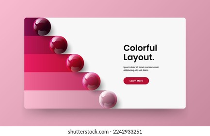 Trendy 3D spheres website screen layout. Isolated horizontal cover vector design illustration.