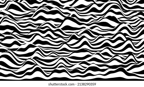 Trendy 3D zebra black and white stripes distorted backdrop. Procedural ripple background with optical illusion effect