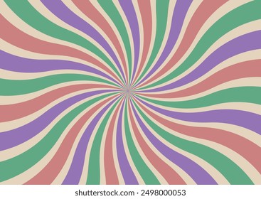 Trendy 70s background with groovy swirl twisted sunburst. Vector illustration in hippie psychedelic style.	