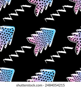 Trendy 80s inspired seamless pattern featuring abstract gradient shapes, zigzag elements, and halftone textures on a black background. Ideal for streetwear, digital paper, or bold fashion desig