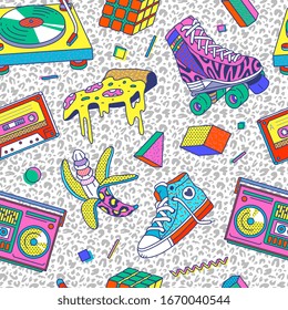 Trendy 80s-90s memphis style seamless pattern with neon items elements, cartoon vector illustration. Pop art fashion wallpapers, textile and wrapping print.