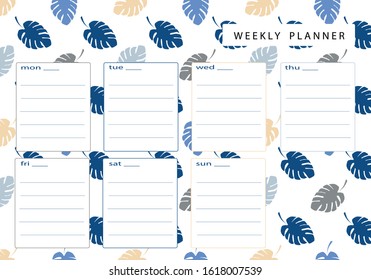 Trendy A4 weekly planner with monstera leaves pattern in pastel trendy colors. Template for weekly planning. Printable stanionery.