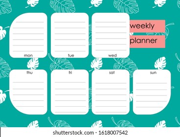 Trendy A4 weekly planner with monstera leaves pattern on mint background. Template for weekly planning. Printable stanionery.