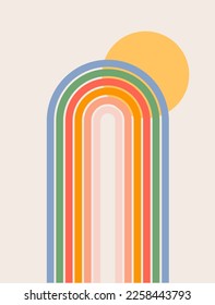 Trendy abstract aesthetic background with sun and rainbow. Mid century wall decor in style 60s, 70s. Retro vector design for social media, blog post, template, interior design