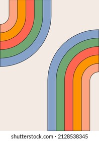 Trendy abstract  aesthetic rainbow background. Mid century wall decor in style 60s, 70s. Retro vector design for social media, blog post, template, interior design	