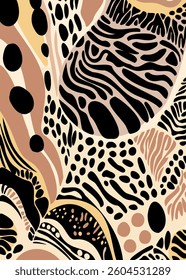 Trendy abstract animal print mix in neutral tones. Ethnic-inspired vector design with smooth shapes, perfect for fashion, decor, and accessories.