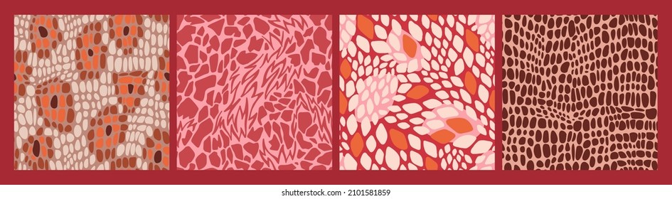 Trendy abstract animal skin backgrounds. Seamless spotted patterns. Brush strokes, dots, spots, ovals. Giraffe, leopard, crocodile fur skin print texture.