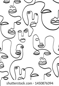 Trendy abstract art with linear collection of cubism faces.  Graphic black and white outline continuous drawing. 