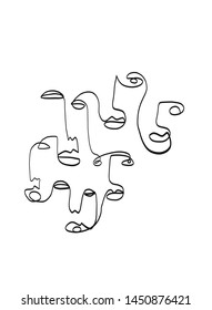 Trendy abstract art with linear collection of cubism faces.  Graphic black and white outline continuous drawing. 