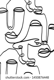 Trendy abstract art with linear collection of cubism faces.  Graphic black and white outline continuous drawing. 