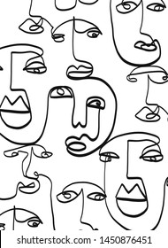 Trendy abstract art with linear collection of cubism faces.  Graphic black and white outline continuous drawing. 