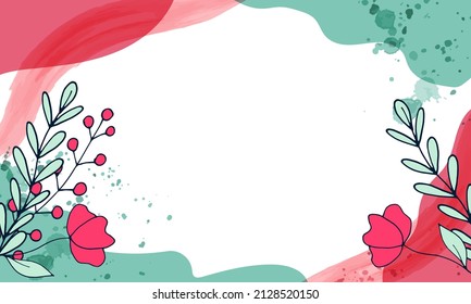 Trendy abstract  art template with doodle floral and geometric elements for social media posts, mobile apps, banners design and web ads. Coral and green colors. Simple flowers.