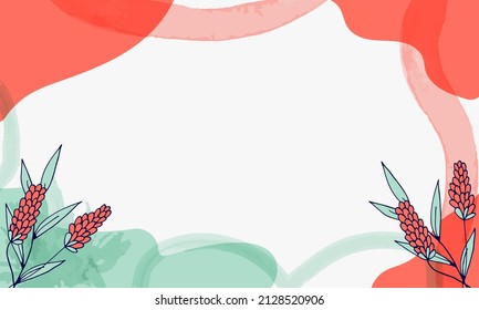 Trendy abstract  art template with doodle floral and geometric elements for social media posts, mobile apps, banners design and web ads. Coral and green colors. Simple flowers.