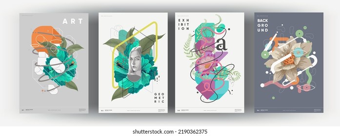 Plantillas de arte abstracto de moda con elementos florales y geométricos. Antecedentes de moda vectorial. Cuadros interiores. Caras de mujeres con flores. Adecuado para publicaciones en medios sociales, portada, diseño de carteles.