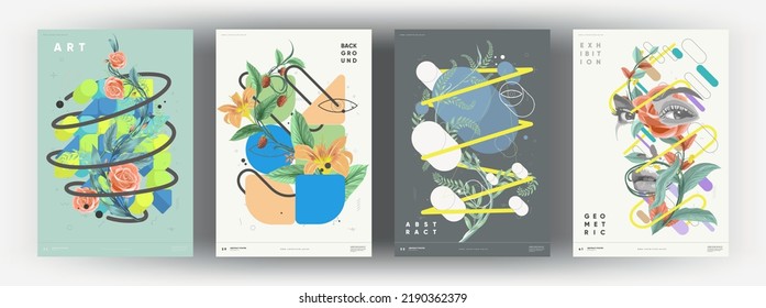 Trendy abstract art templates with floral and geometric elements. Vector fashion backgrounds. Paintings for interior. Women's faces in flowers. Suitable for social media posts, cover, banners design.