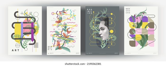 Trendy abstract art templates with floral and geometric elements. Vector fashion backgrounds. Paintings for interior. Women's faces in flowers. Suitable for social media posts, cover, banners design.